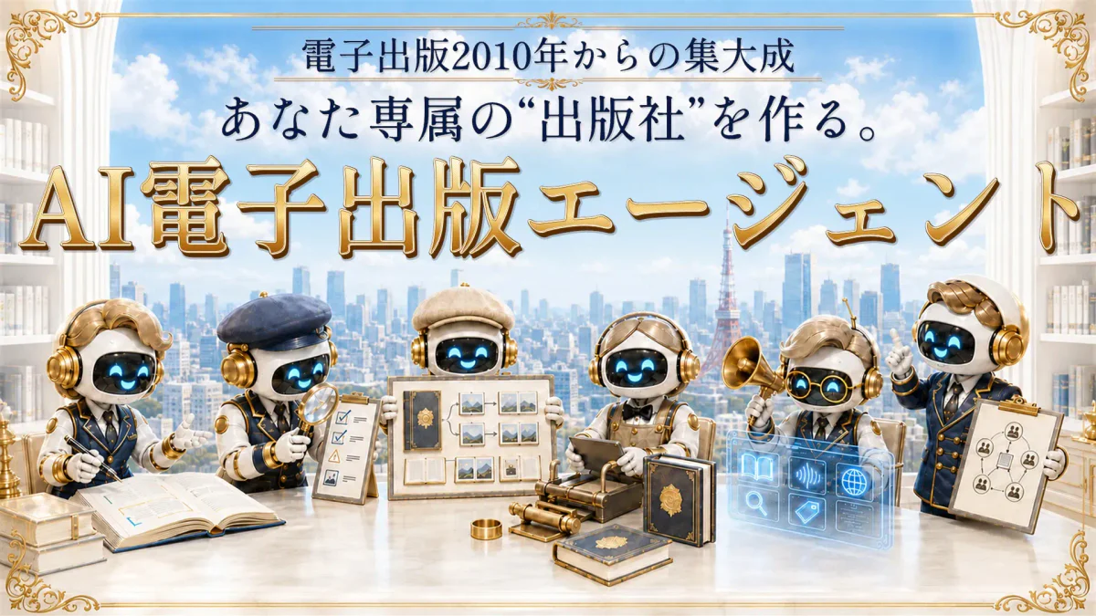 実演動画のサムネイル。6人のロボットキャラクターが机を囲み、編集・校閲・装丁・製本・広報・進行、それぞれの役割に合った道具を手にしているイラスト。