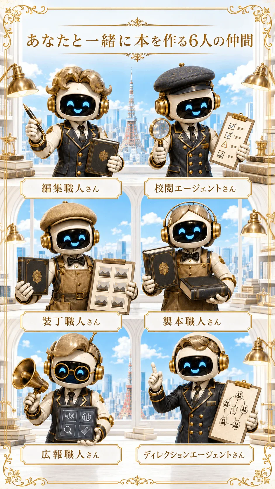 「あなたと一緒に本を作る6人の仲間」の見出しとともに、6体のロボットキャラクターが2列3段に並ぶイラスト。上段は編集職人さんと校閲エージェントさん、中段は装丁職人さんと製本職人さん、下段は広報職人さんとディレクションエージェントさん。それぞれ万年筆・虫眼鏡と点検表・画像の割り当て表・本・メガホン・進行表と、役割に合った道具を手にしている。金と白の装丁、背景は青空と東京の街並み。