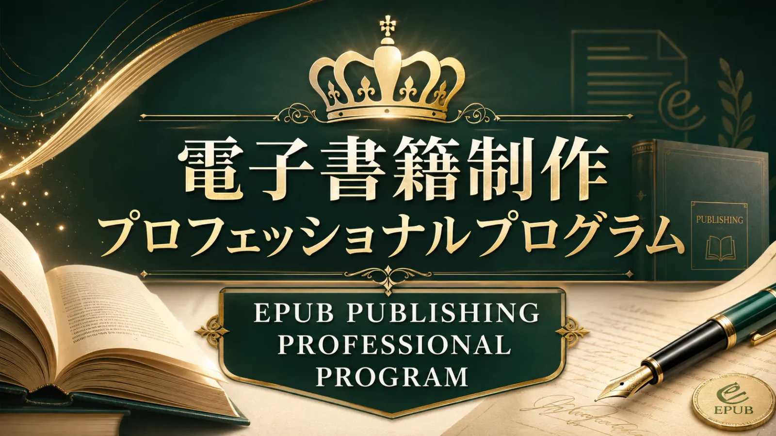電子書籍制作プロフェッショナルプログラムのイメージ／深い緑の地に、金の王冠と「電子書籍制作プロフェッショナルプログラム」の文字。下に EPUB PUBLISHING PROFESSIONAL PROGRAM の英文。左に開いた本、右に万年筆と EPUB の金色の紋章。