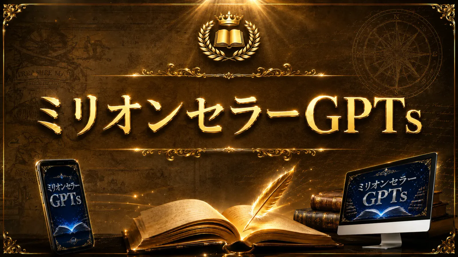 ミリオンセラーGPTsのイメージ／古い地図を思わせる褐色の地に、金色の大きな「ミリオンセラーGPTs」の文字。上に月桂樹と王冠と開いた本の紋章。下は光を放つ本と羽根ペンで、左にスマートフォン、右にパソコンの画面が並ぶ。