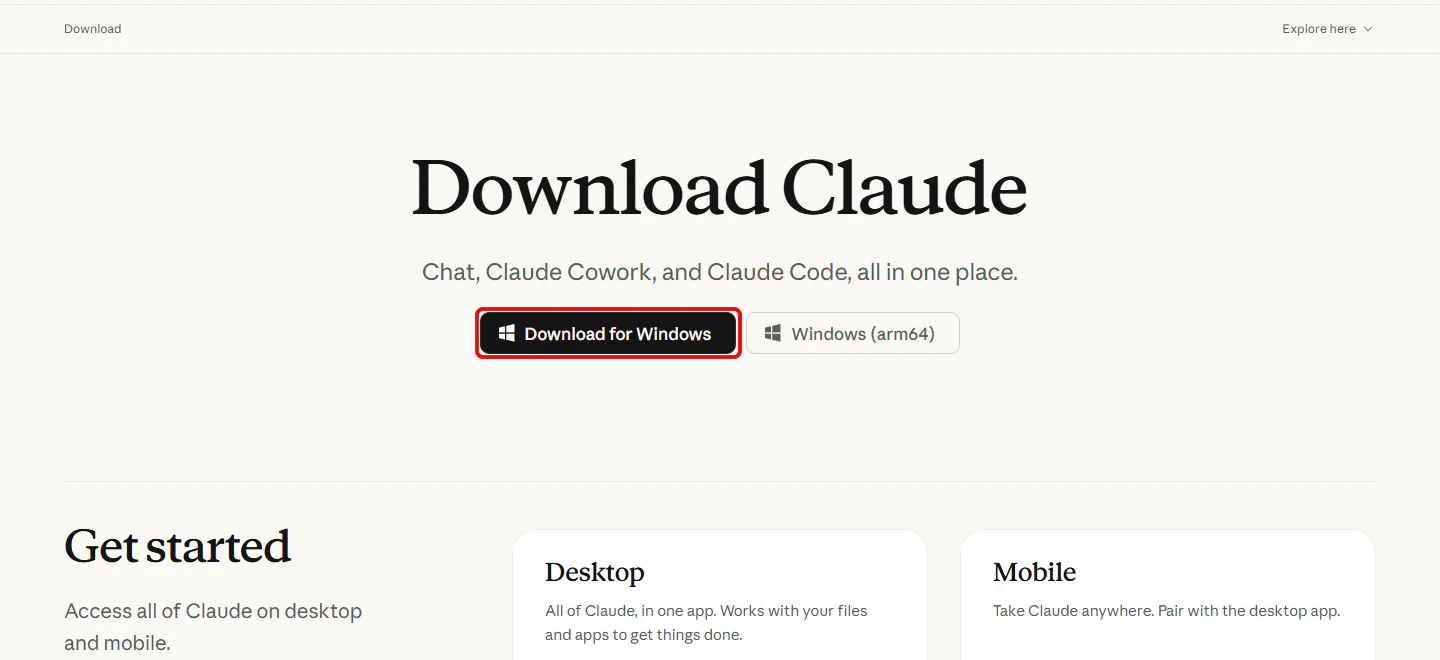Claudeのダウンロードページ。中央に並んだ2つのボタンのうち、左側の「Download for Windows」が赤い枠で囲まれている。