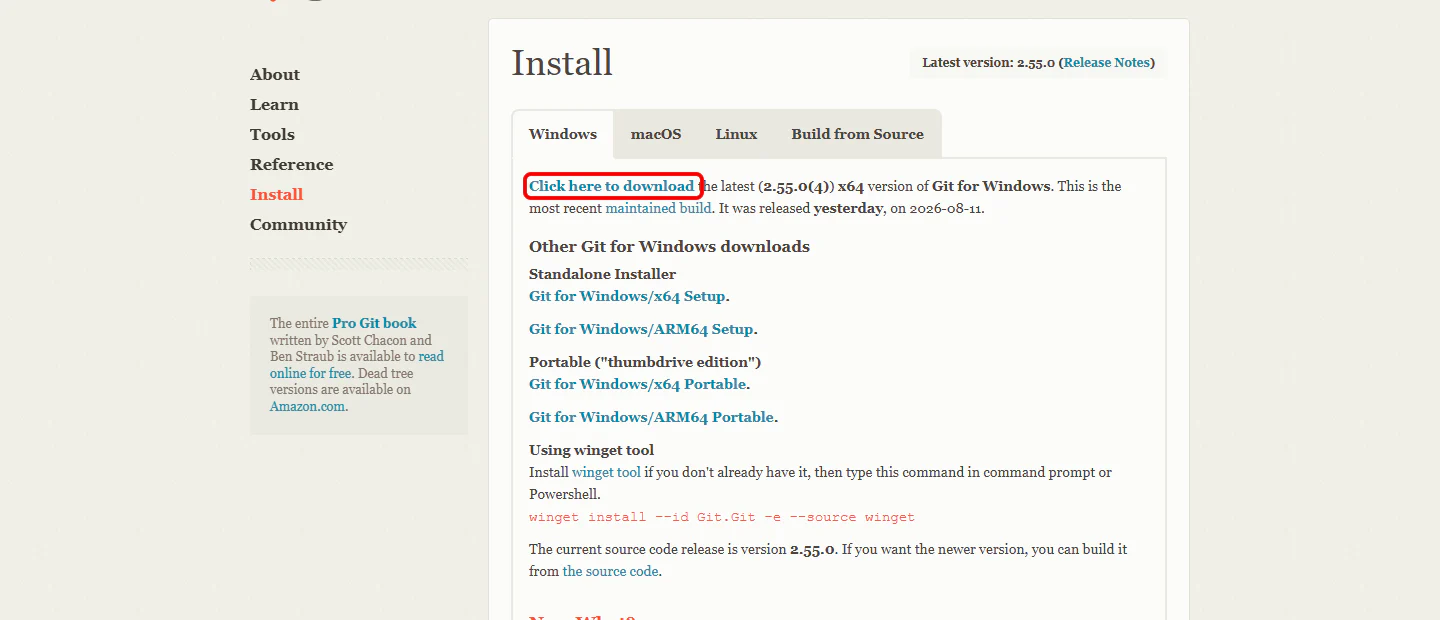 Git for Windowsのダウンロードページ。「Windows」のタブが選ばれており、「Click here to download」のリンクが赤い枠で囲まれている。