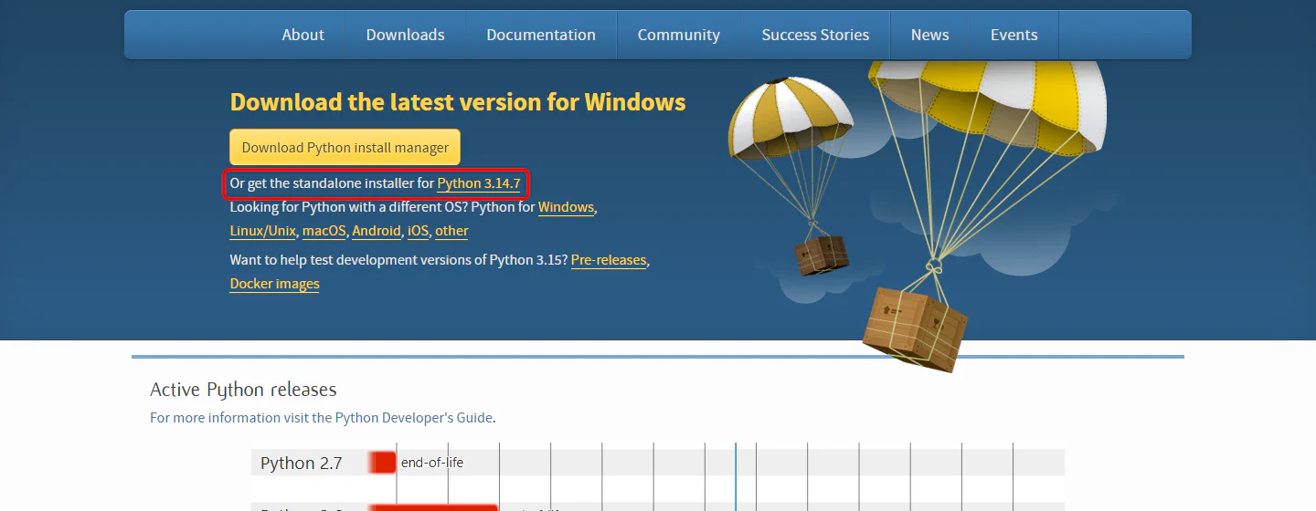 python.orgのダウンロードページ。上側に新しい入れ方「Download Python install manager」のボタン、下側に「Or get the standalone installer for Python 3.14.7」のリンクが並んでいる。下側のリンクが赤い枠で囲まれている。